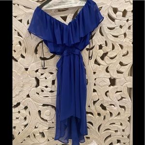 Blue semi formal sheer ruffle dress with cutouts